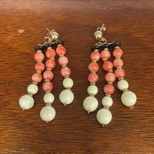 Onyx, coral and ivory 14k gold hanging earrings for pierced ears